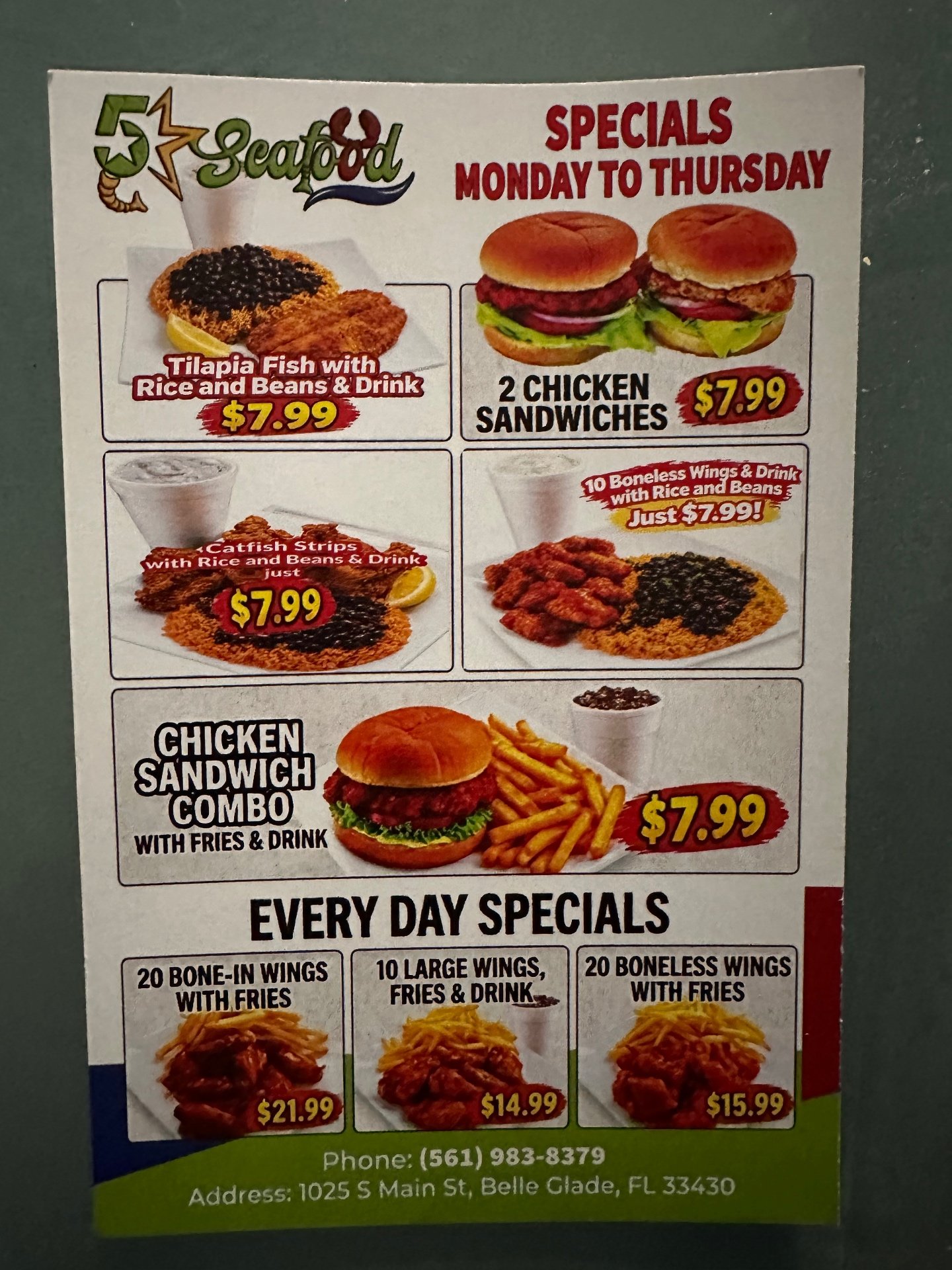 5 Star Seafood Belle Glade specials flyer — Monday to Thursday $7.99 deals and everyday wing specials