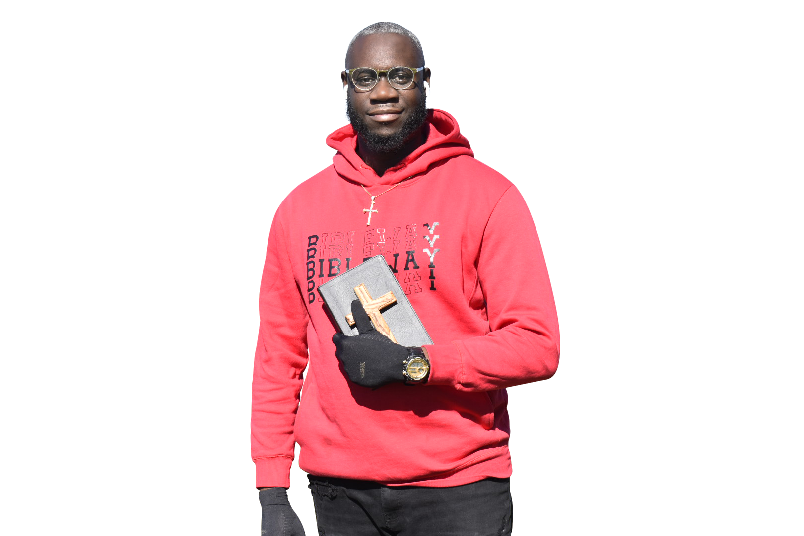 Portrait of Pastor and Commissioner Albert L. Polk IV holding a Bible and cross
